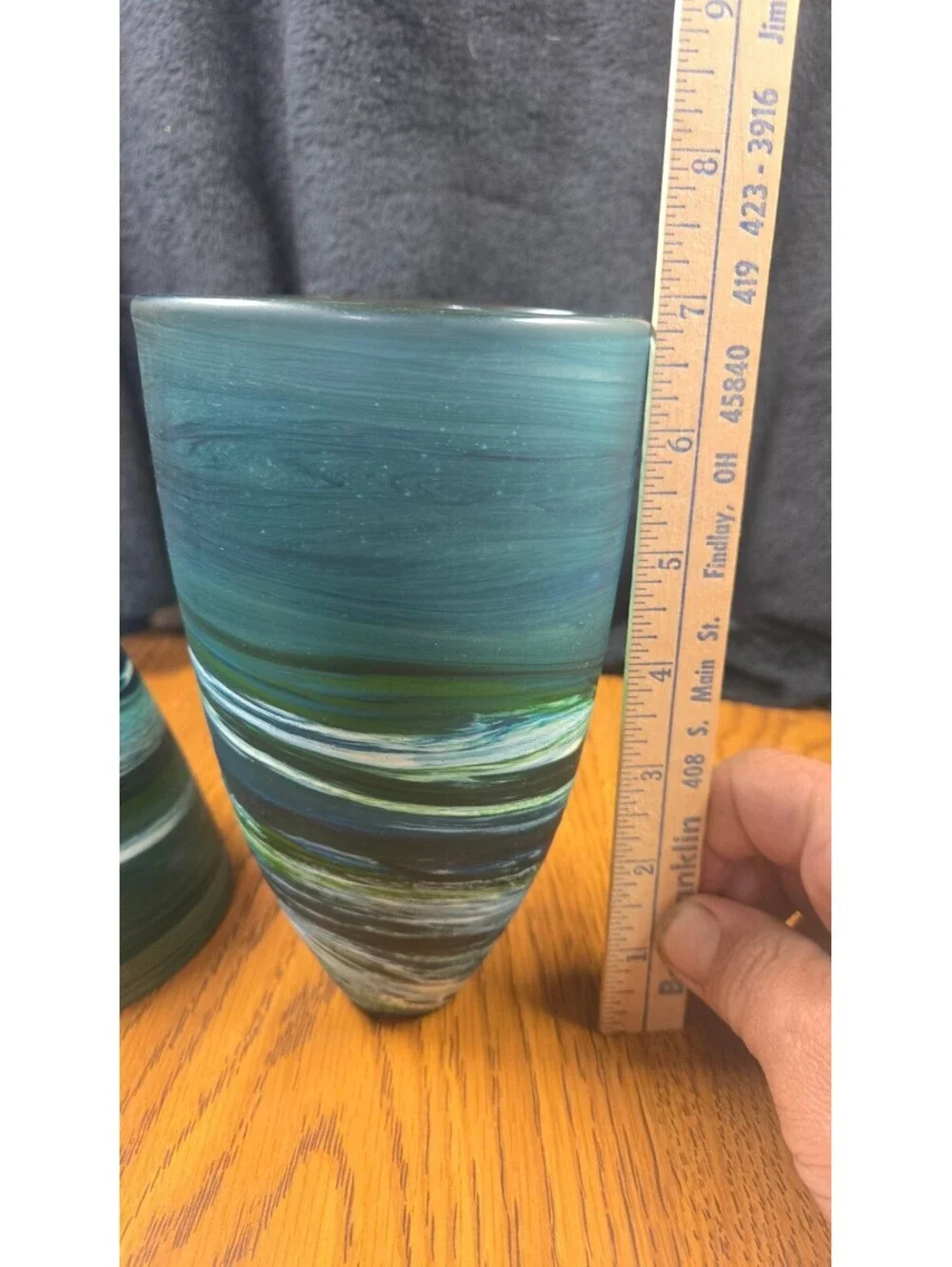 Hand Blown Art Glass Vases with Blue and Green Swirl Design - Set of 2